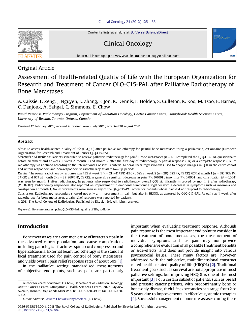 Assessment of Health-related Quality of Life with the European Organization for Research and Treatment of Cancer QLQ-C15-PAL after Palliative Radiotherapy of Bone Metastases