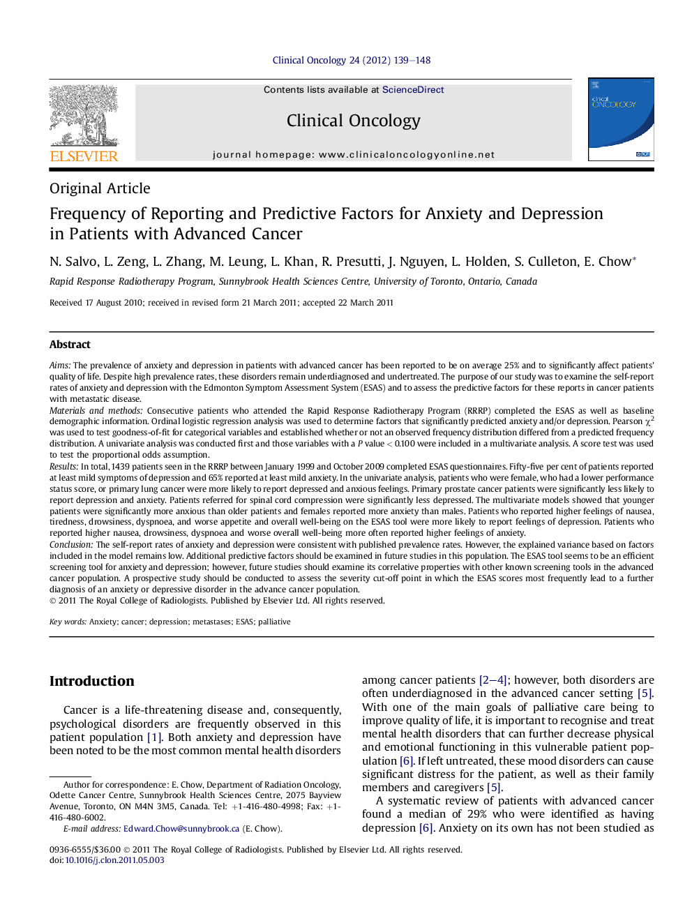 Frequency of Reporting and Predictive Factors for Anxiety and Depression in Patients with Advanced Cancer