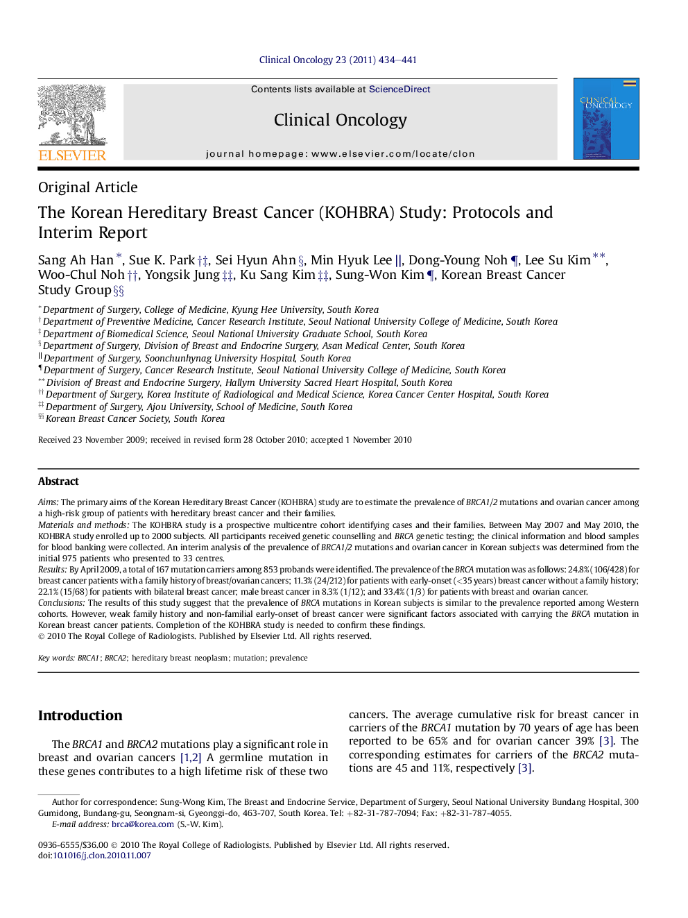 The Korean Hereditary Breast Cancer (KOHBRA) Study: Protocols and Interim Report