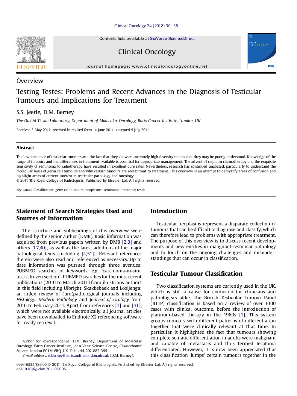 Testing Testes: Problems and Recent Advances in the Diagnosis of Testicular Tumours and Implications for Treatment