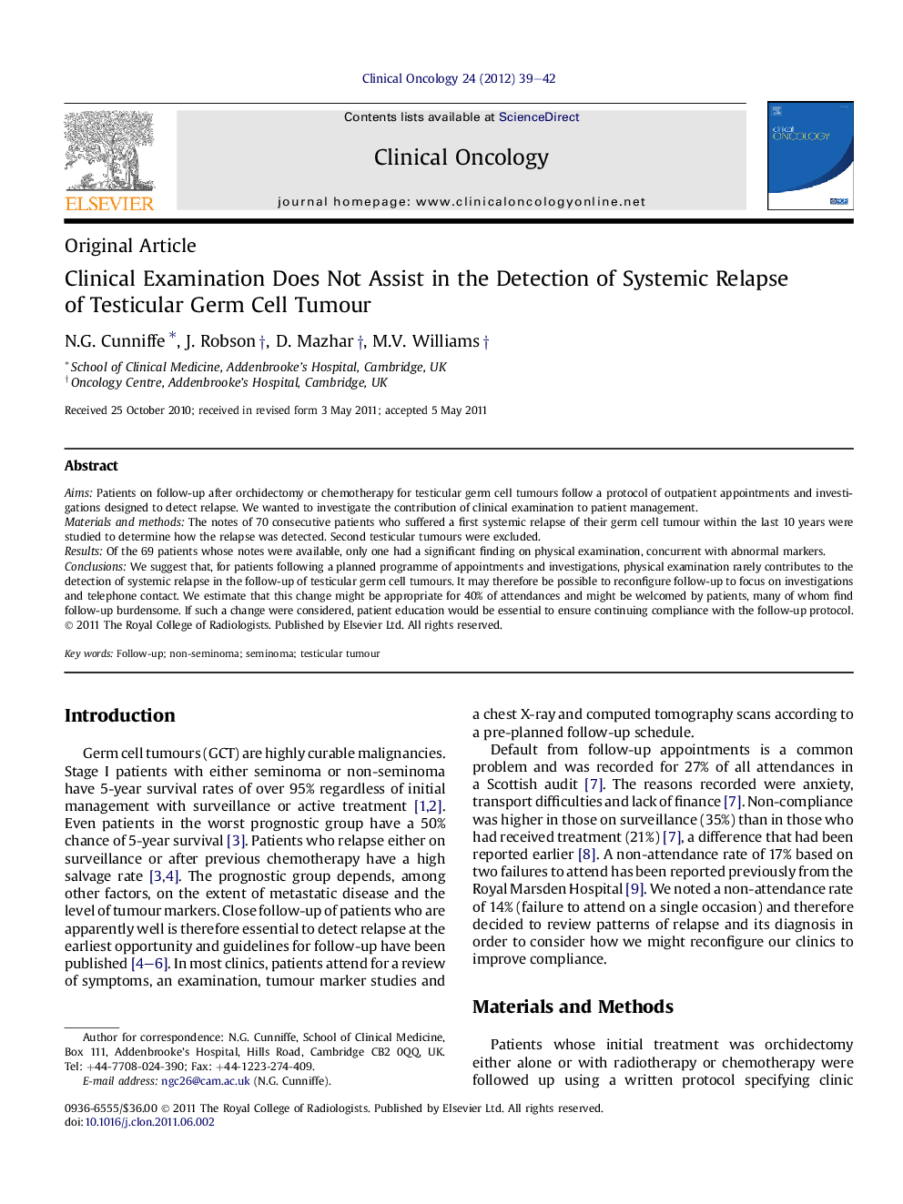 Clinical Examination Does Not Assist in the Detection of Systemic Relapse of Testicular Germ Cell Tumour