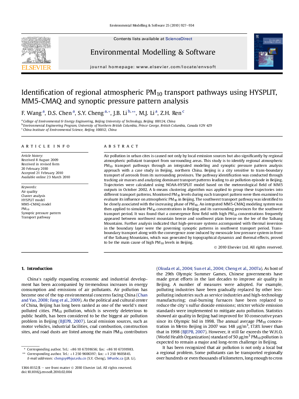 Identification of regional atmospheric PM10 transport pathways using HYSPLIT, MM5-CMAQ and synoptic pressure pattern analysis