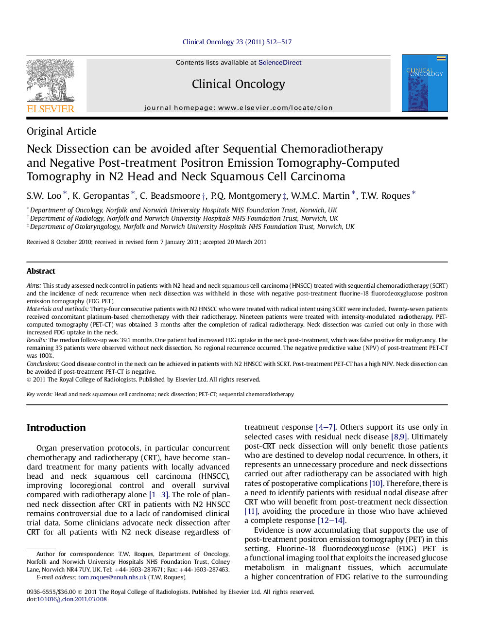 Neck Dissection can be avoided after Sequential Chemoradiotherapy and Negative Post-treatment Positron Emission Tomography-Computed Tomography in N2 Head and Neck Squamous Cell Carcinoma