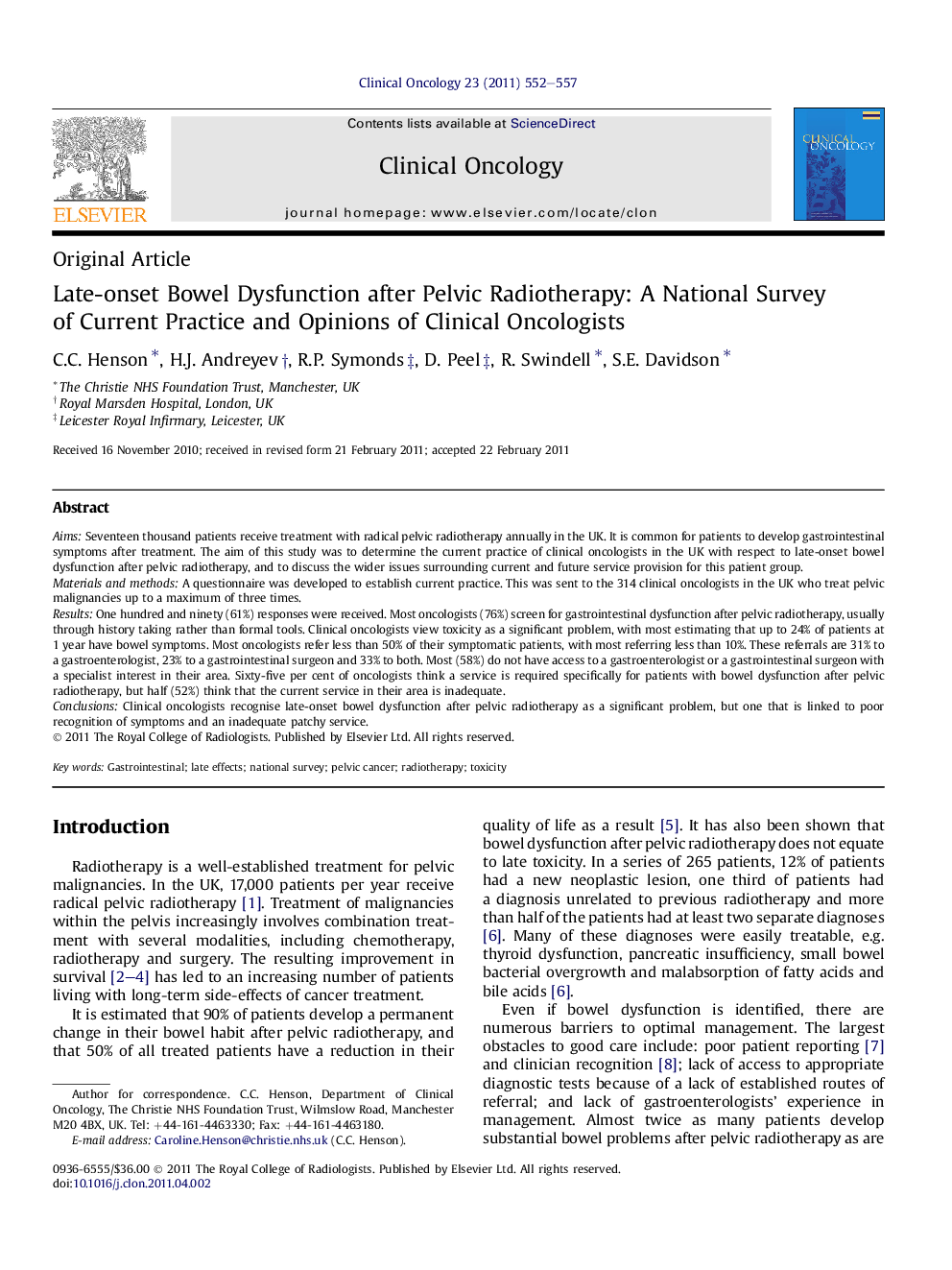 Late-onset Bowel Dysfunction after Pelvic Radiotherapy: A National Survey of Current Practice and Opinions of Clinical Oncologists