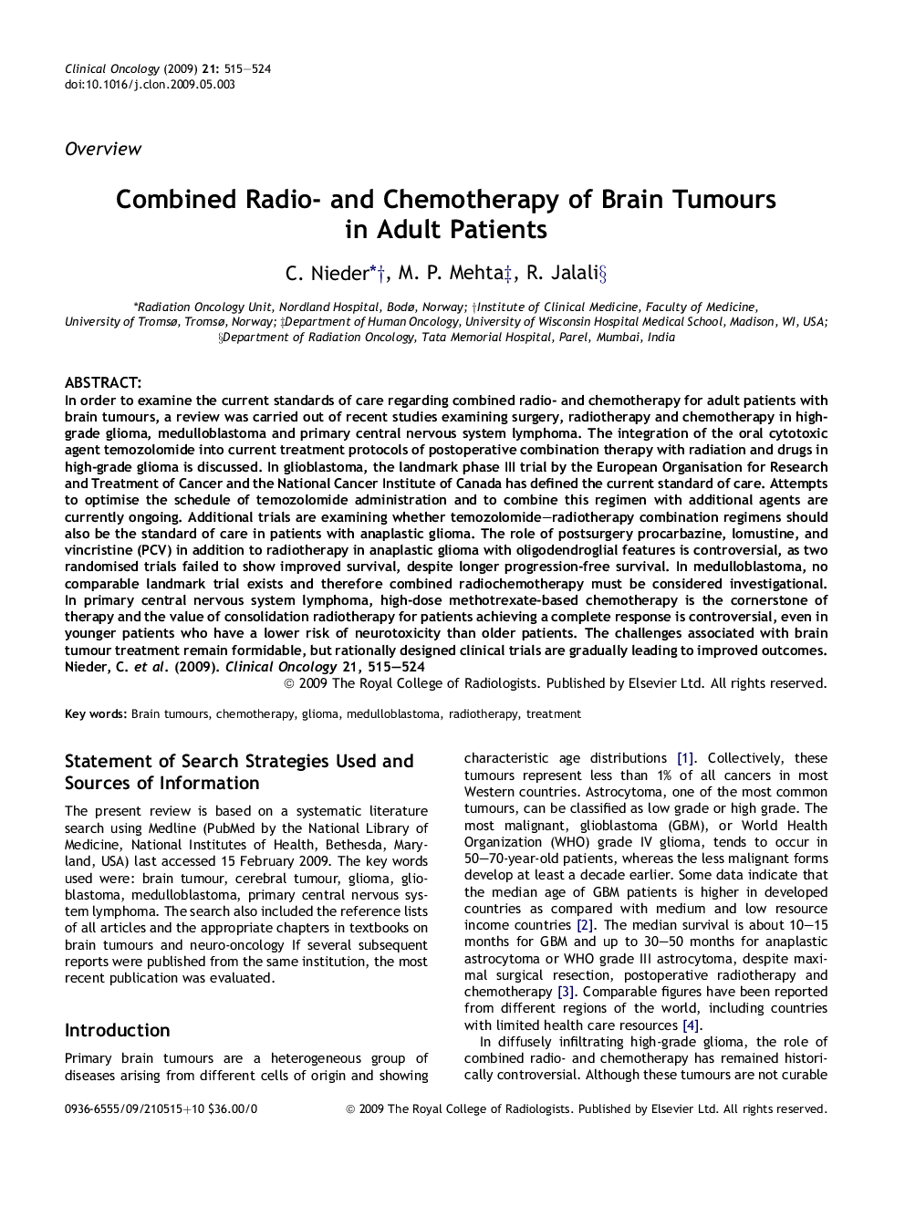 Combined Radio- and Chemotherapy of Brain Tumours in Adult Patients