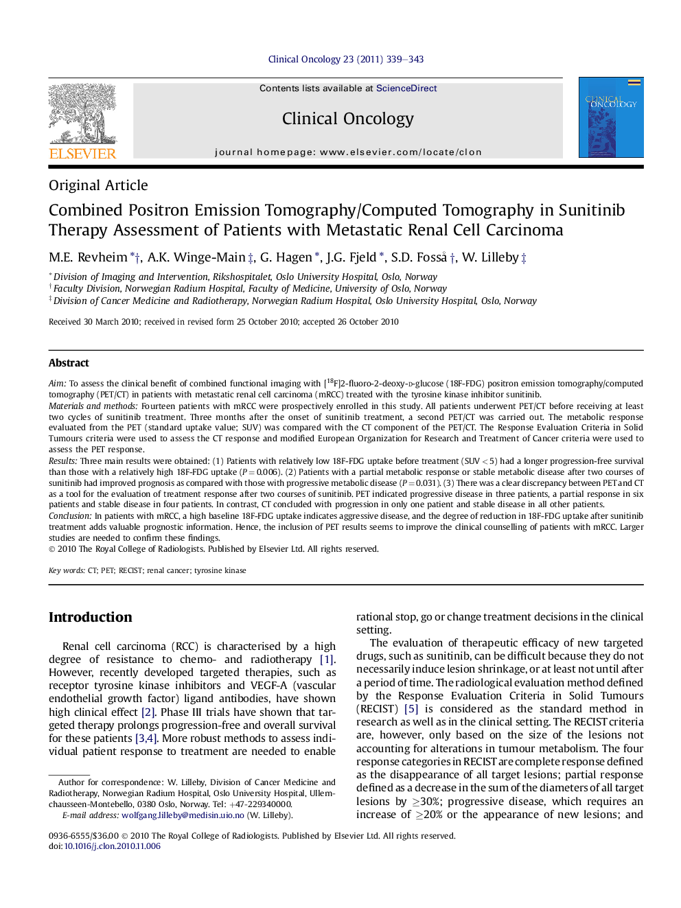 Combined Positron Emission Tomography/Computed Tomography in Sunitinib Therapy Assessment of Patients with Metastatic Renal Cell Carcinoma