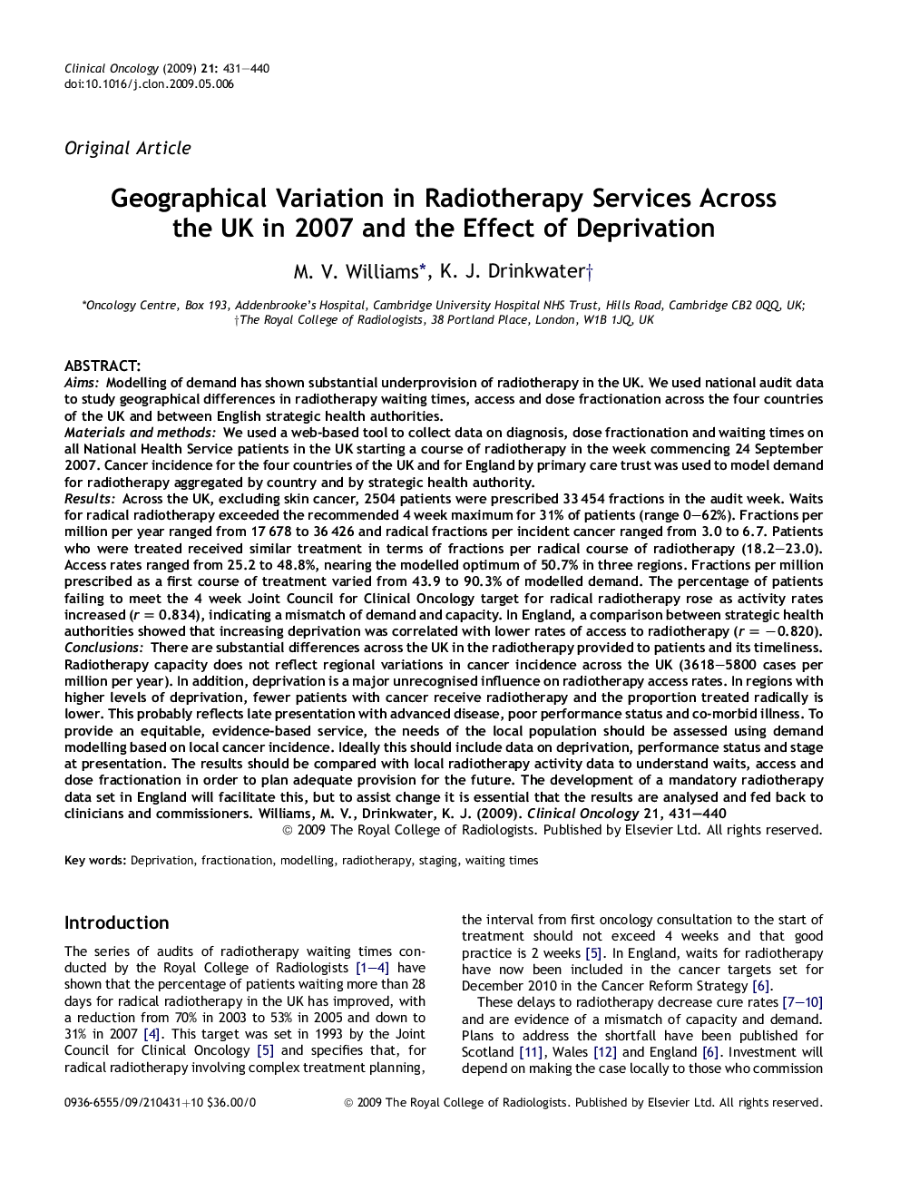 Geographical Variation in Radiotherapy Services Across the UK in 2007 and the Effect of Deprivation