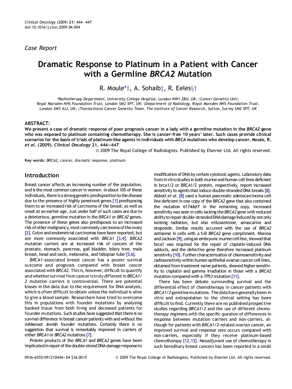 Dramatic Response to Platinum in a Patient with Cancer with a Germline BRCA2 Mutation