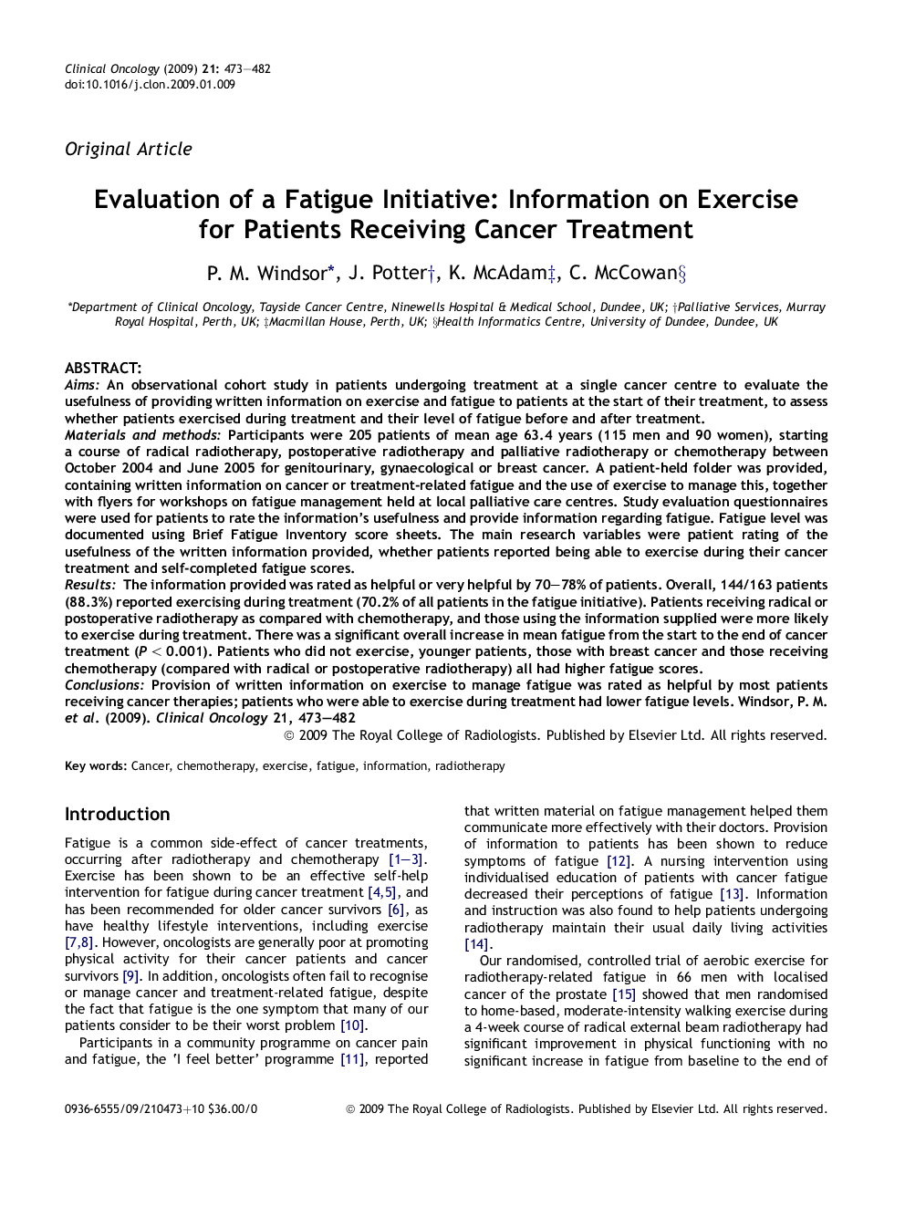 Evaluation of a Fatigue Initiative: Information on Exercise for Patients Receiving Cancer Treatment
