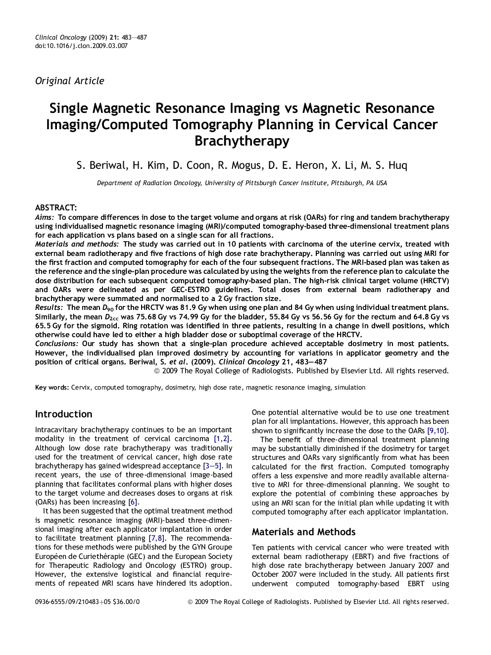 Single Magnetic Resonance Imaging vs Magnetic Resonance Imaging/Computed Tomography Planning in Cervical Cancer Brachytherapy