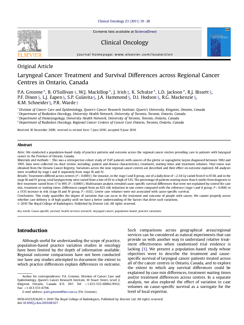 Laryngeal Cancer Treatment and Survival Differences across Regional Cancer Centres in Ontario, Canada