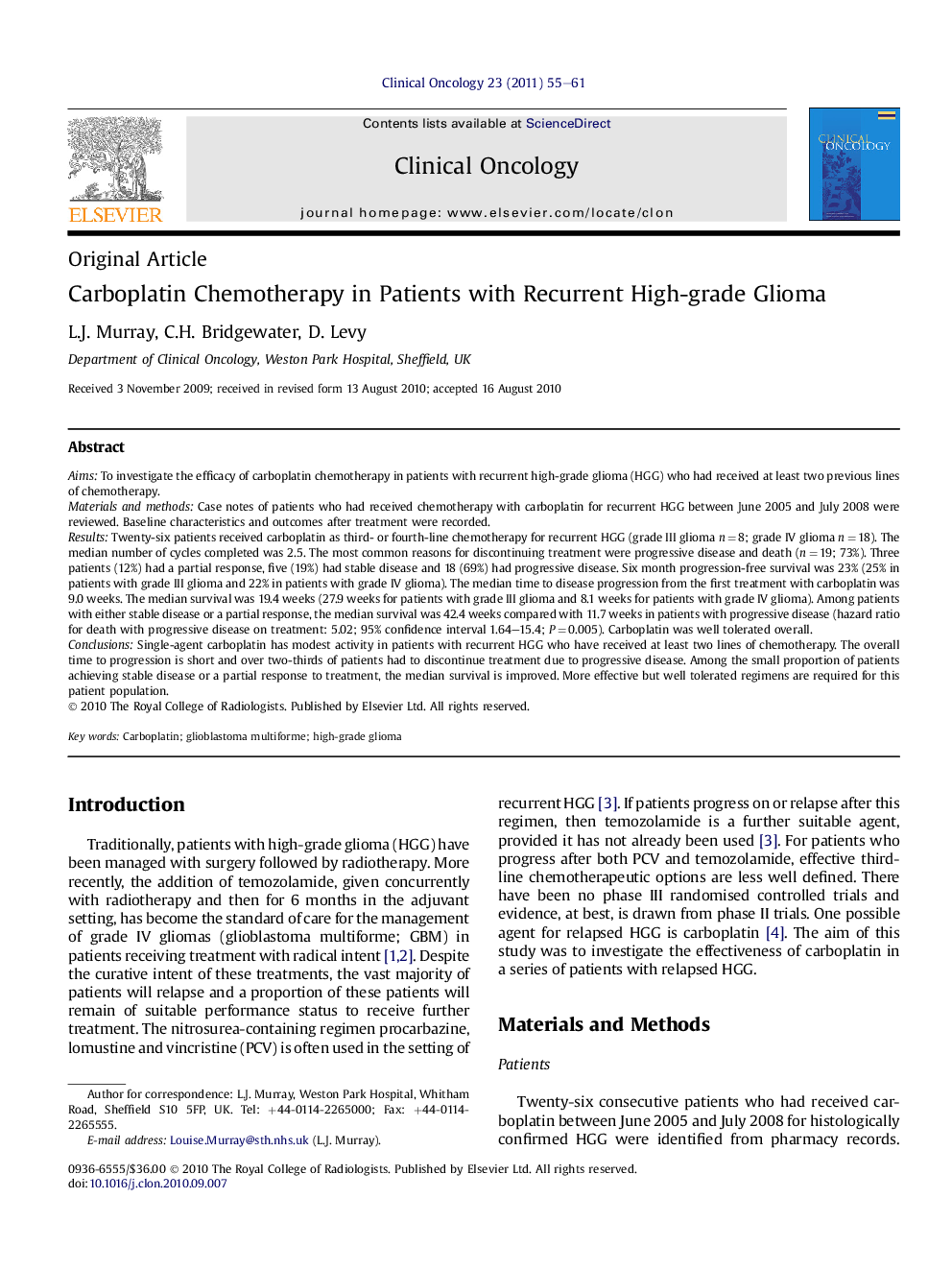 Carboplatin Chemotherapy in Patients with Recurrent High-grade Glioma