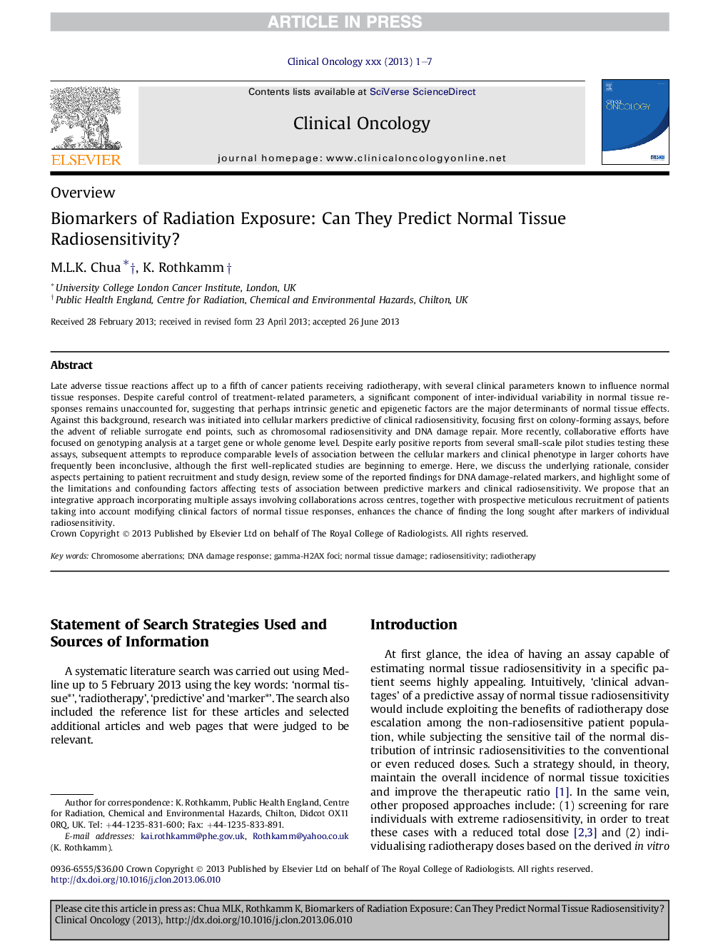 Biomarkers of Radiation Exposure: Can They Predict Normal Tissue Radiosensitivity?