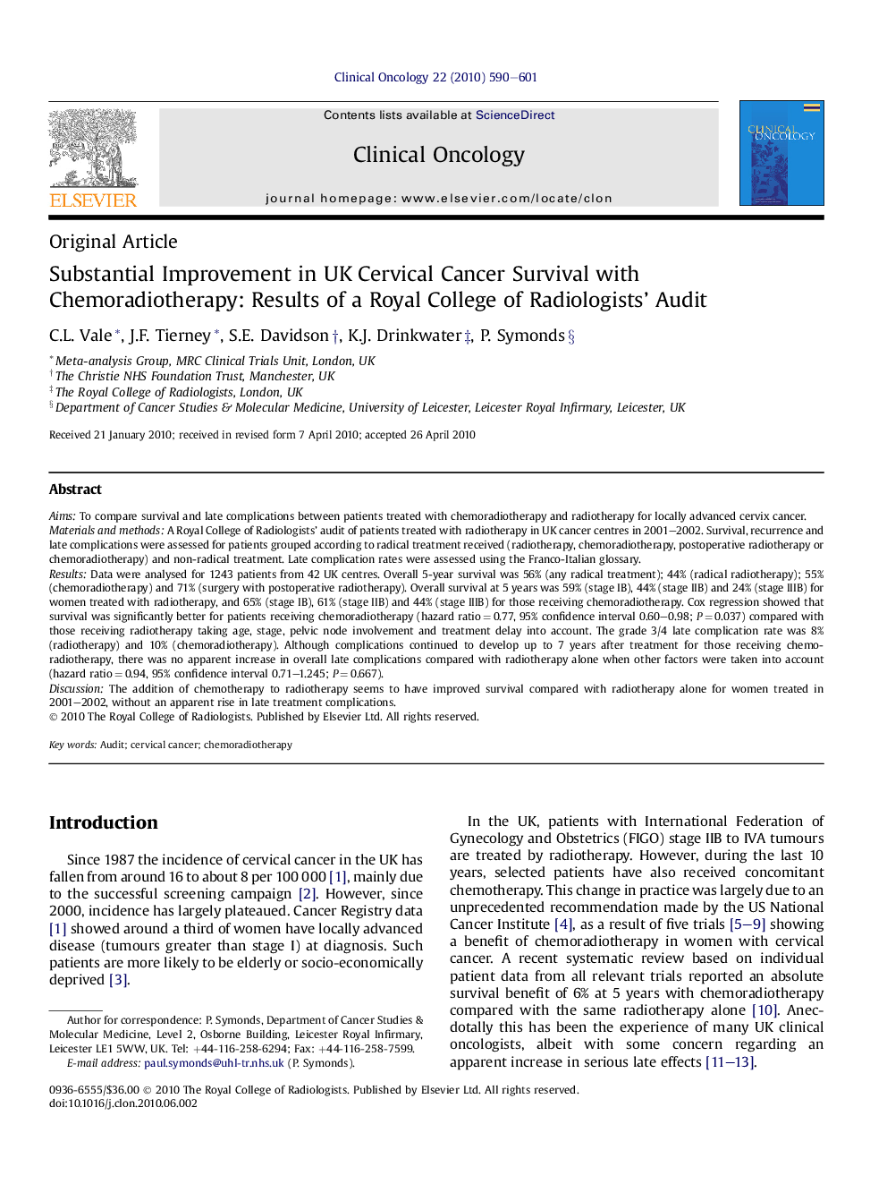 Substantial Improvement in UK Cervical Cancer Survival with Chemoradiotherapy: Results of a Royal College of Radiologists' Audit