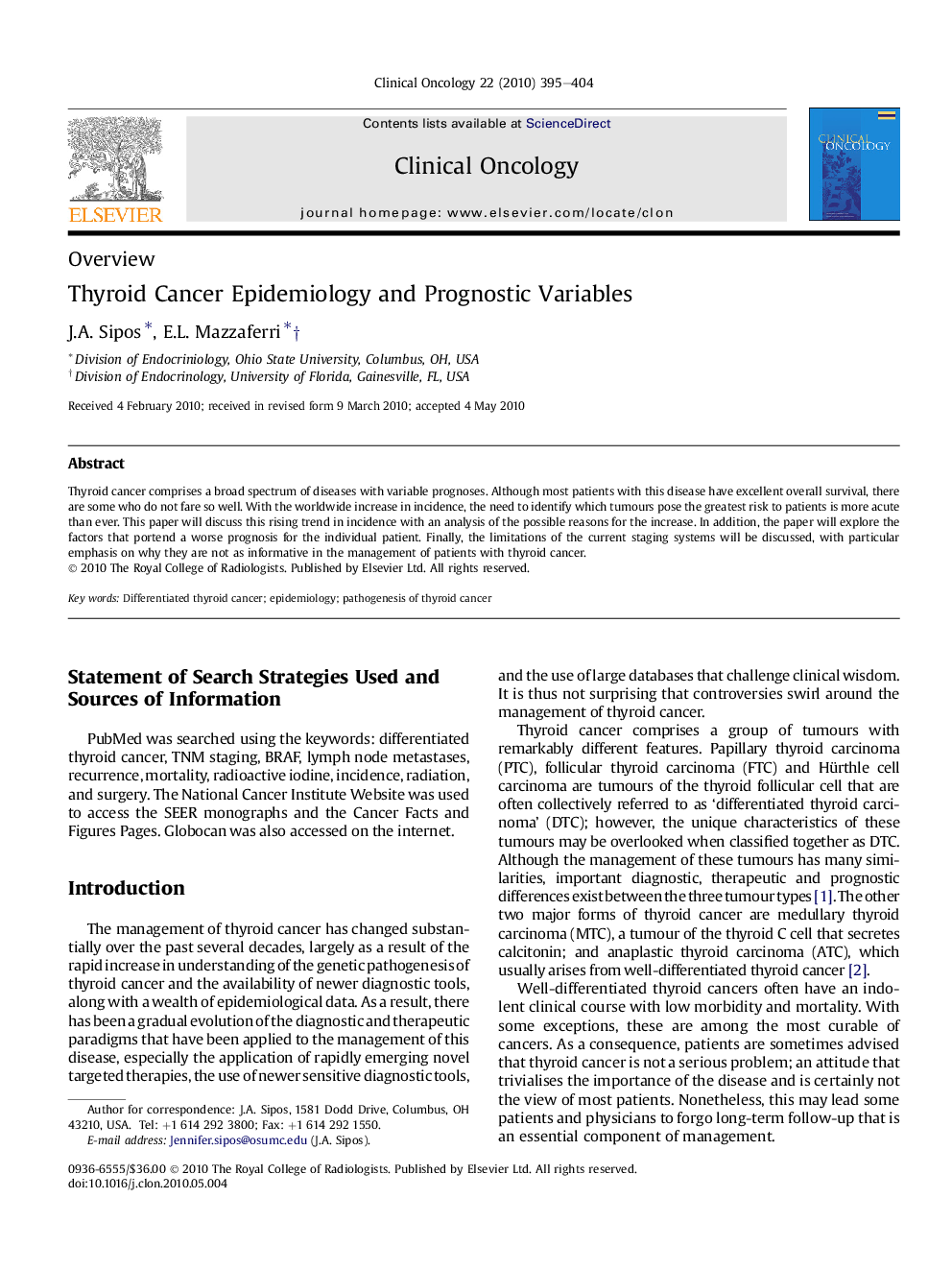 Thyroid Cancer Epidemiology and Prognostic Variables