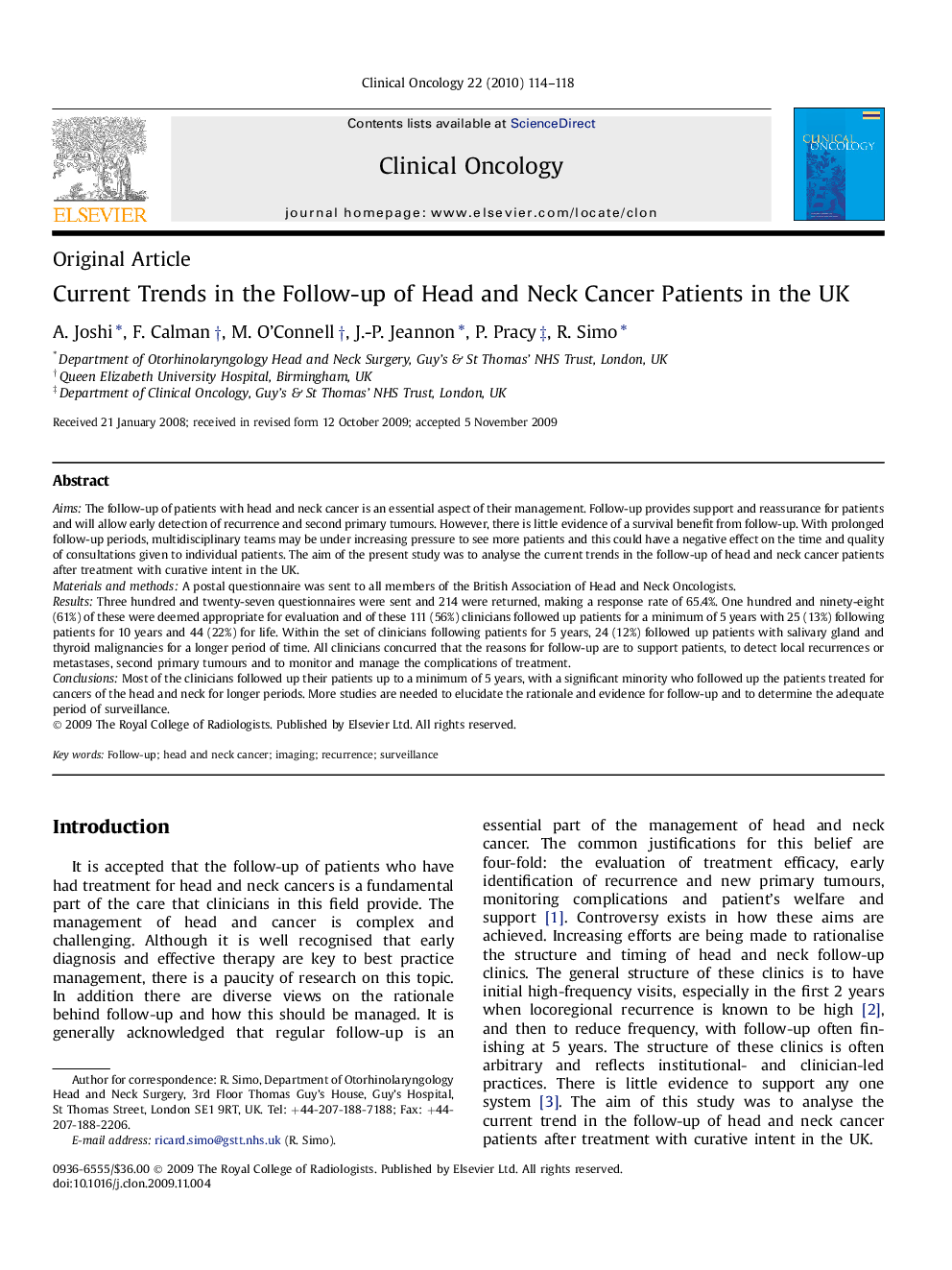 Current Trends in the Follow-up of Head and Neck Cancer Patients in the UK