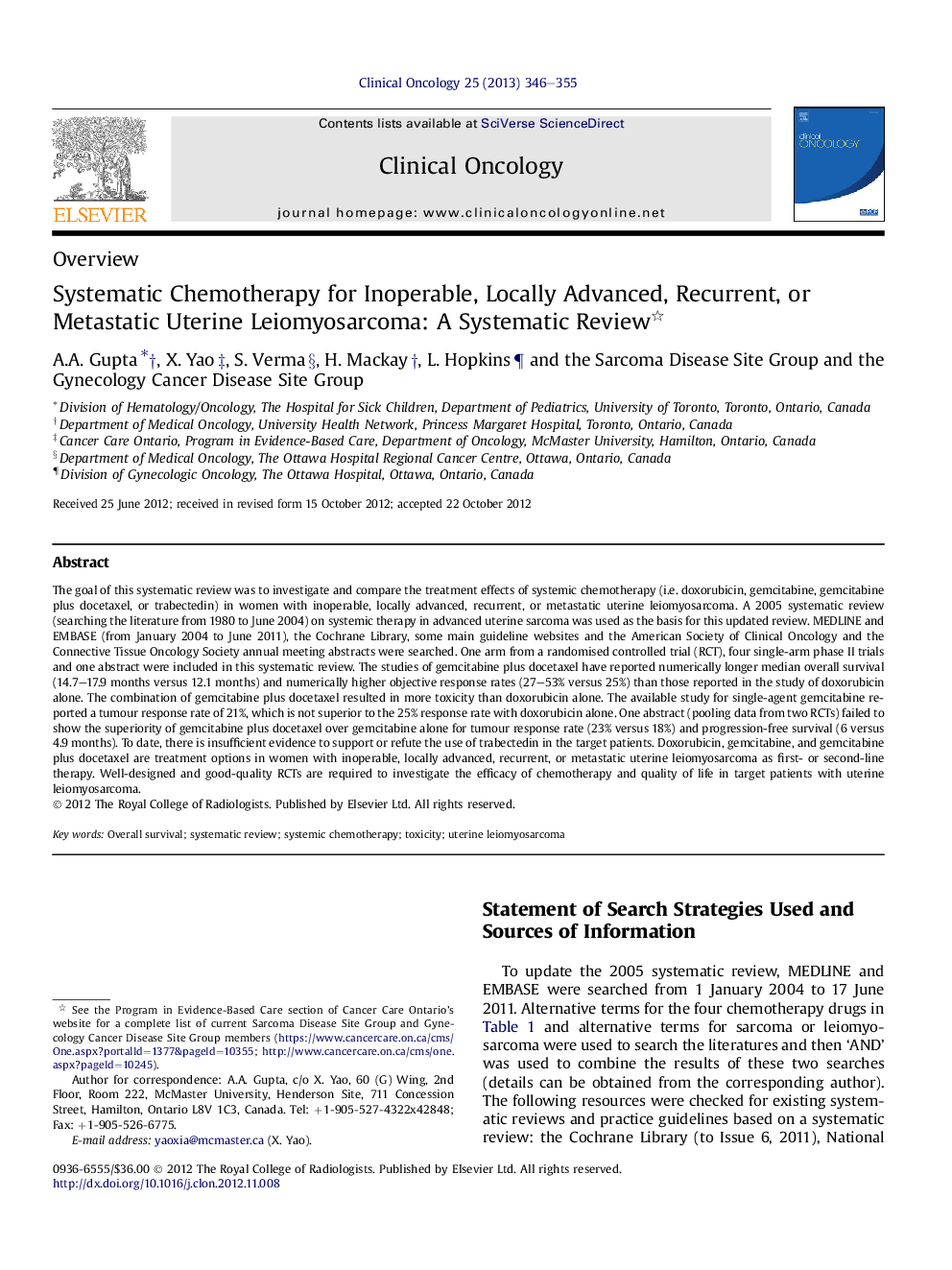 Systematic Chemotherapy for Inoperable, Locally Advanced, Recurrent, or Metastatic Uterine Leiomyosarcoma: A Systematic Review