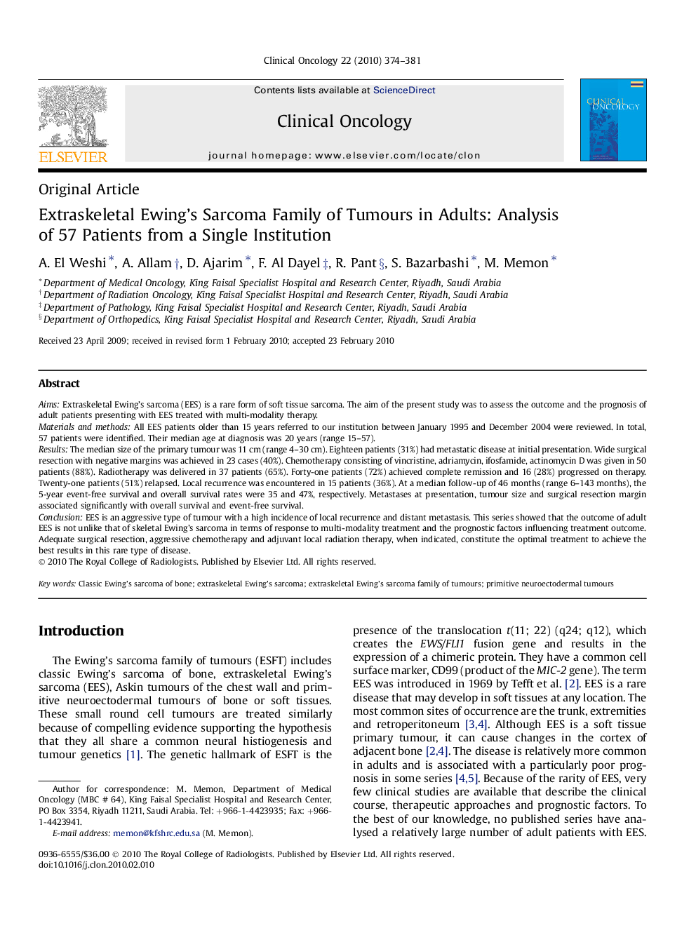 Extraskeletal Ewing's Sarcoma Family of Tumours in Adults: Analysis of 57 Patients from a Single Institution