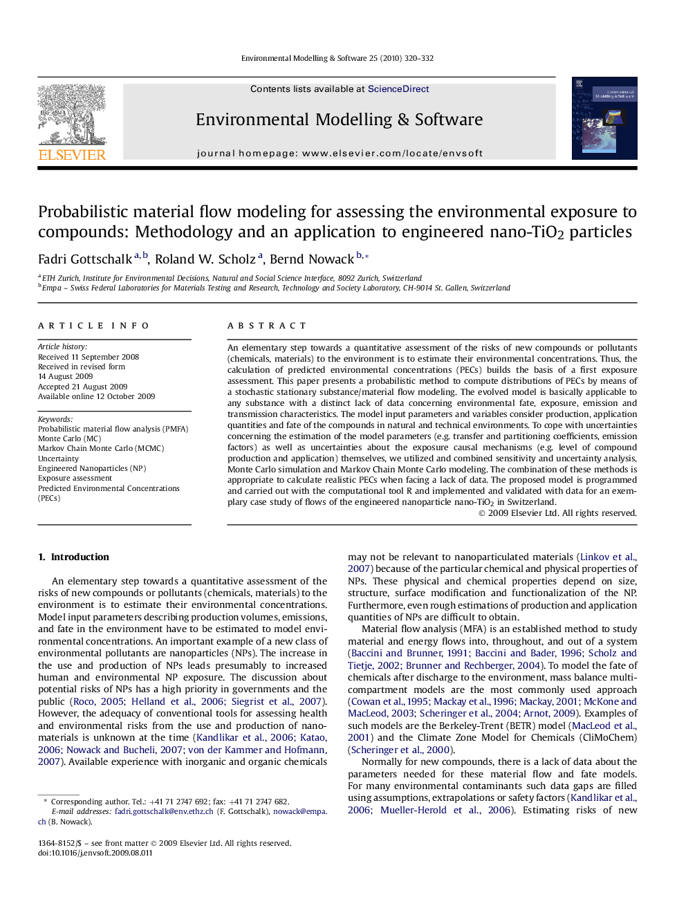 Probabilistic material flow modeling for assessing the environmental exposure to compounds: Methodology and an application to engineered nano-TiO2 particles