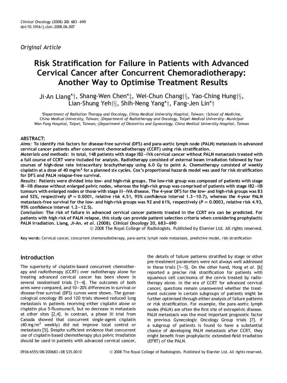 Risk Stratification for Failure in Patients with Advanced Cervical Cancer after Concurrent Chemoradiotherapy: Another Way to Optimise Treatment Results