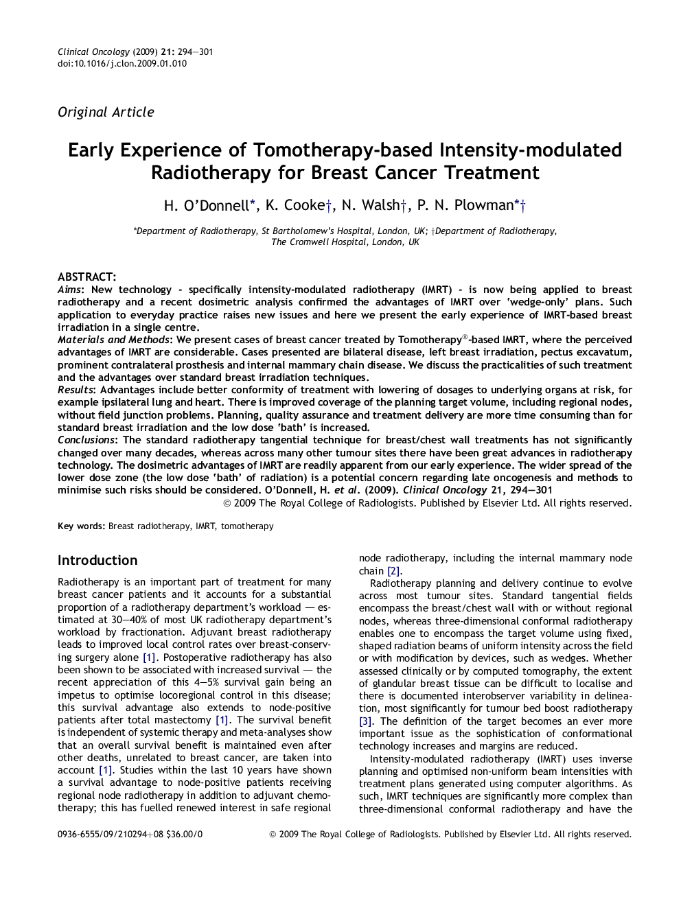 Early Experience of Tomotherapy-based Intensity-modulated Radiotherapy for Breast Cancer Treatment