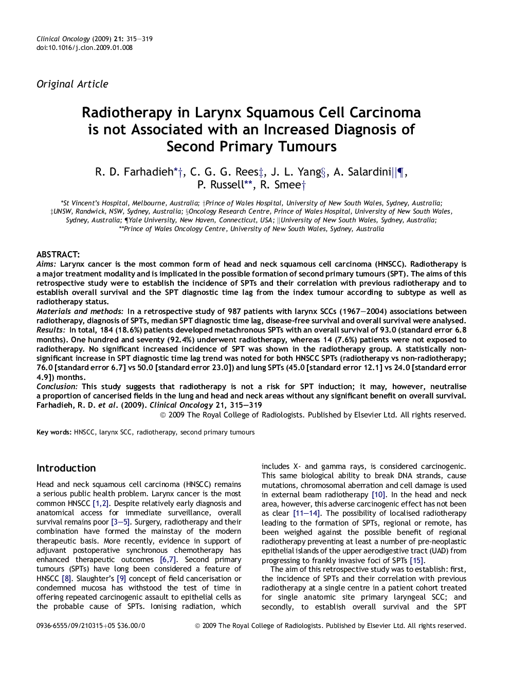 Radiotherapy in Larynx Squamous Cell Carcinoma is not Associated with an Increased Diagnosis of Second Primary Tumours