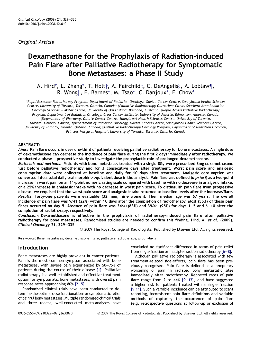 Dexamethasone for the Prophylaxis of Radiation-induced Pain Flare after Palliative Radiotherapy for Symptomatic Bone Metastases: a Phase II Study