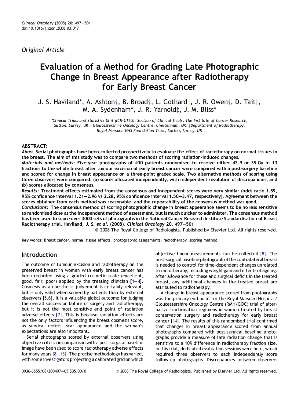 Evaluation of a Method for Grading Late Photographic Change in Breast Appearance after Radiotherapy for Early Breast Cancer