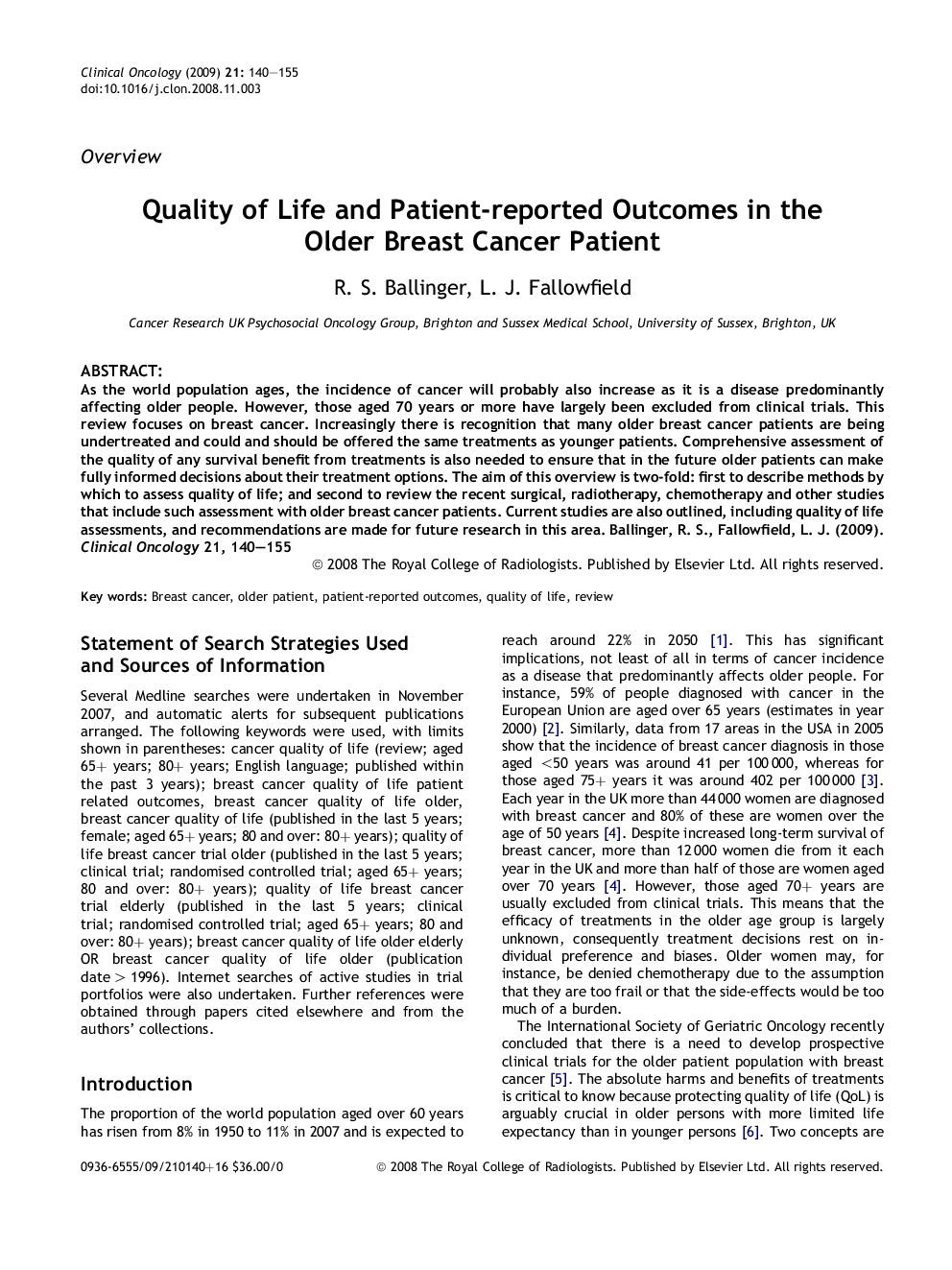 Quality of Life and Patient-reported Outcomes in the Older Breast Cancer Patient