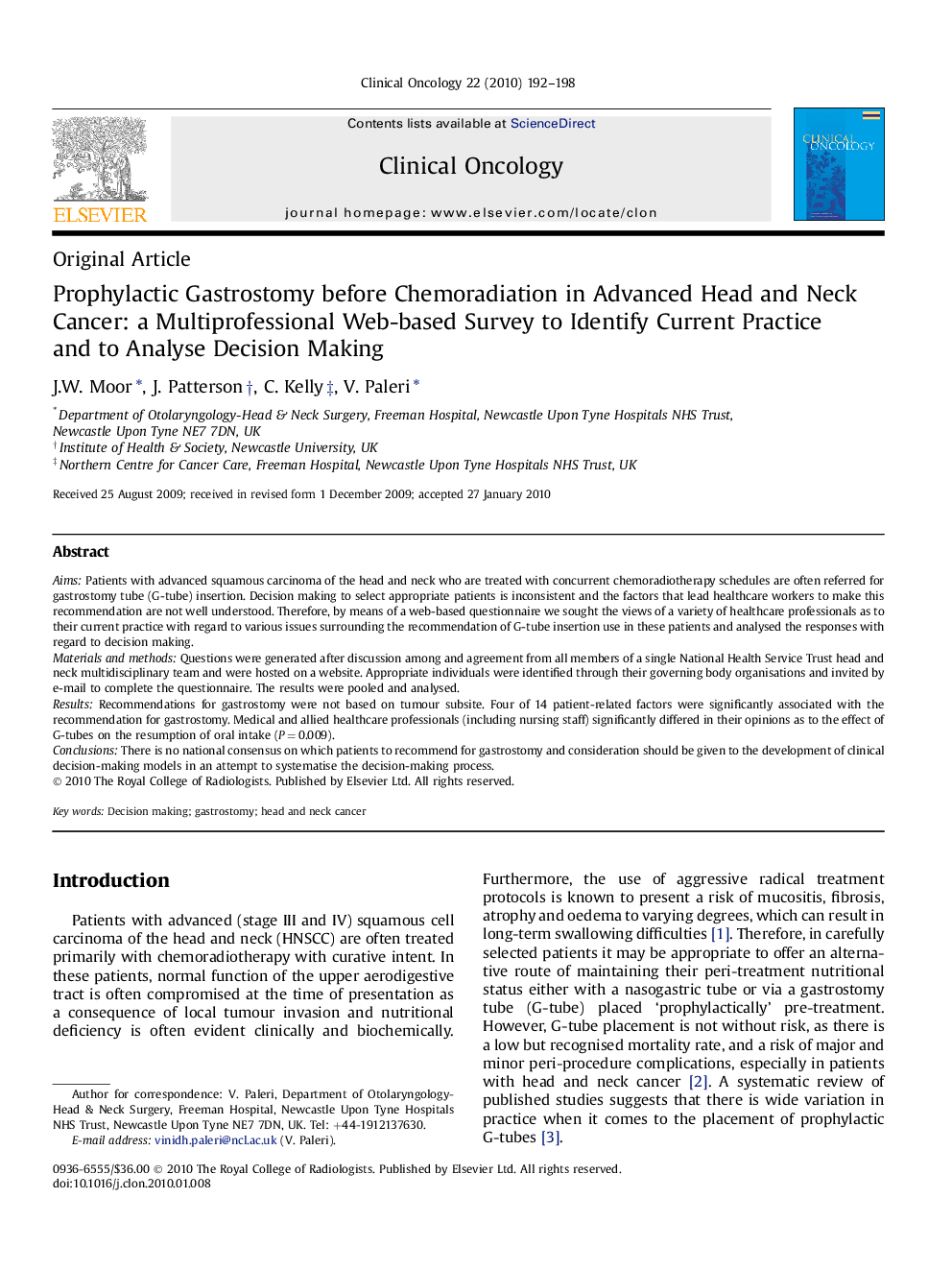 Prophylactic Gastrostomy before Chemoradiation in Advanced Head and Neck Cancer: a Multiprofessional Web-based Survey to Identify Current Practice andÂ toÂ Analyse Decision Making