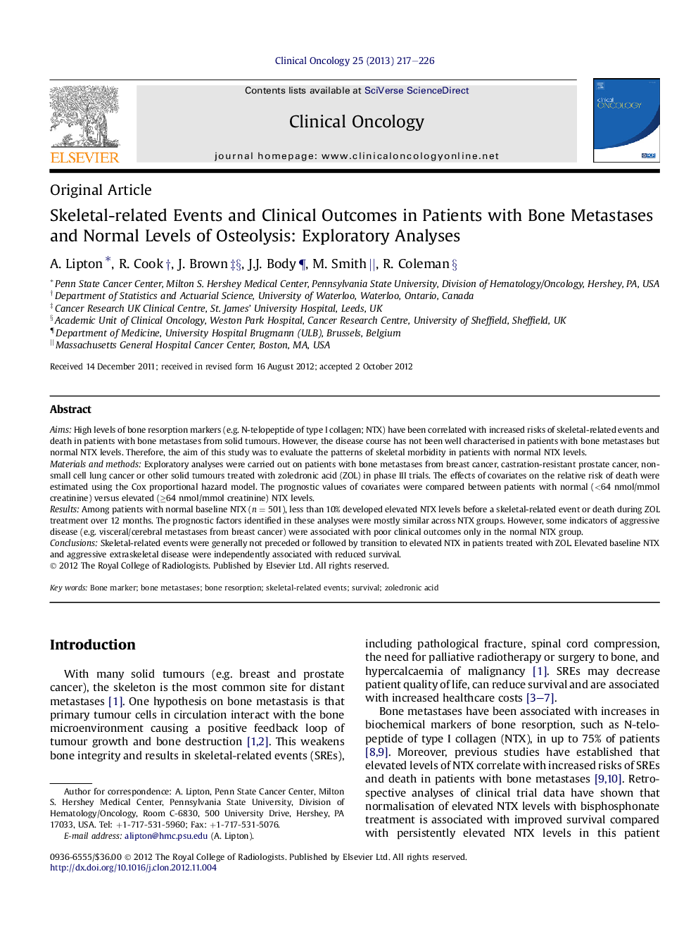 Skeletal-related Events and Clinical Outcomes in Patients with Bone Metastases and Normal Levels of Osteolysis: Exploratory Analyses