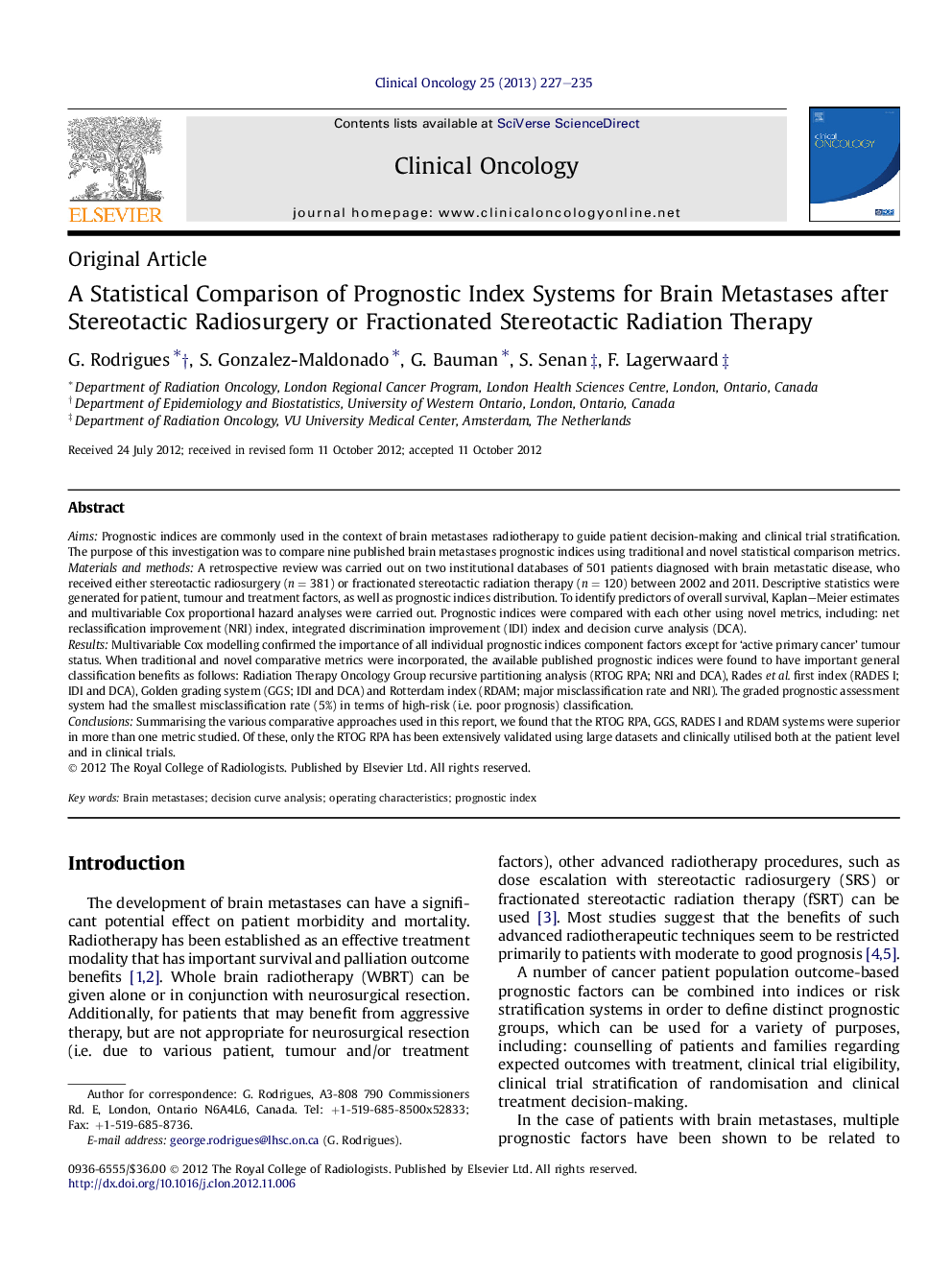 A Statistical Comparison of Prognostic Index Systems for Brain Metastases after Stereotactic Radiosurgery or Fractionated Stereotactic Radiation Therapy