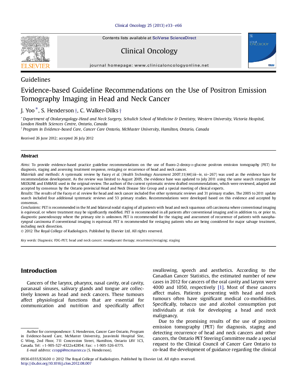 Evidence-based Guideline Recommendations on the Use of Positron Emission Tomography Imaging in Head and Neck Cancer