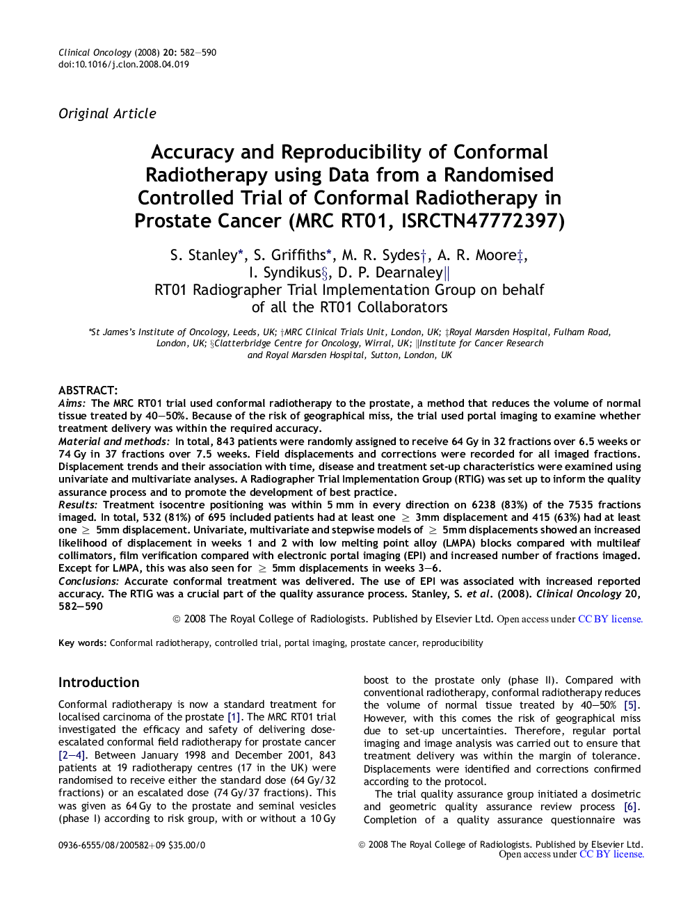 Accuracy and Reproducibility of Conformal Radiotherapy using Data from a Randomised Controlled Trial of Conformal Radiotherapy in Prostate Cancer (MRC RT01, ISRCTN47772397)