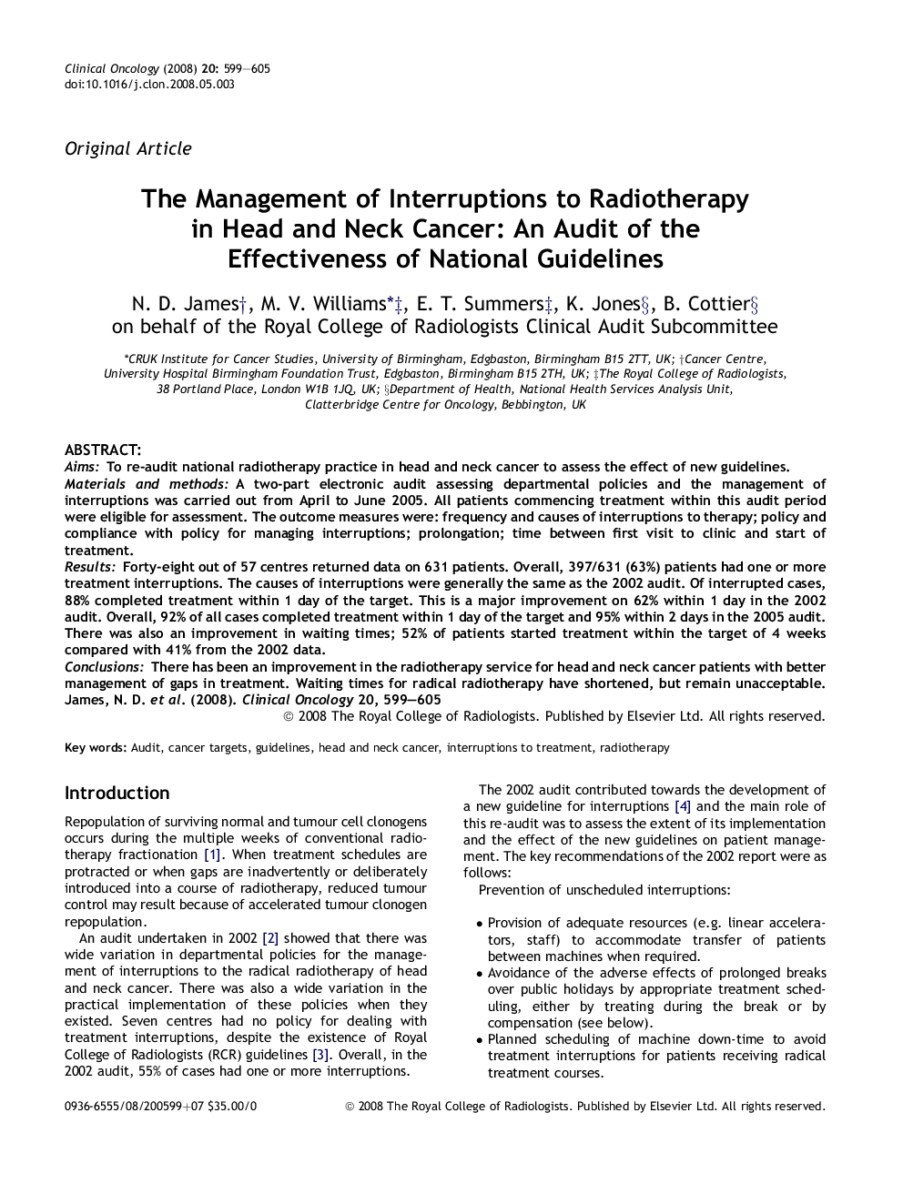 The Management of Interruptions to Radiotherapy in Head and Neck Cancer: An Audit of the Effectiveness of National Guidelines