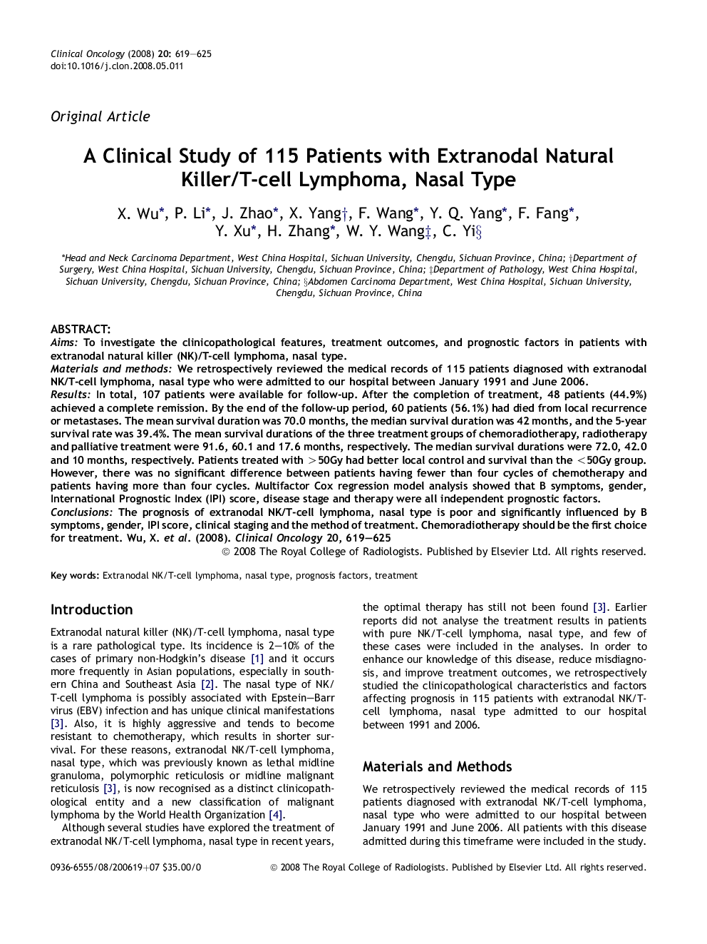 A Clinical Study of 115 Patients with Extranodal Natural Killer/T-cell Lymphoma, Nasal Type