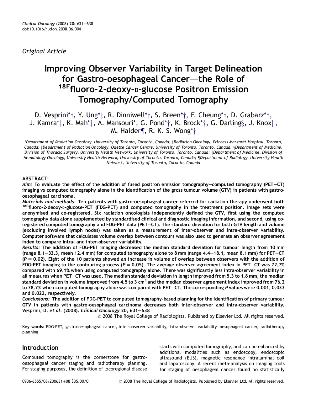 Improving Observer Variability in Target Delineation for Gastro-oesophageal Cancer-the Role of 18Ffluoro-2-deoxy-d-glucose Positron Emission Tomography/Computed Tomography