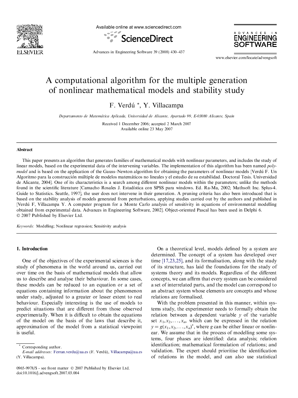 A computational algorithm for the multiple generation of nonlinear mathematical models and stability study