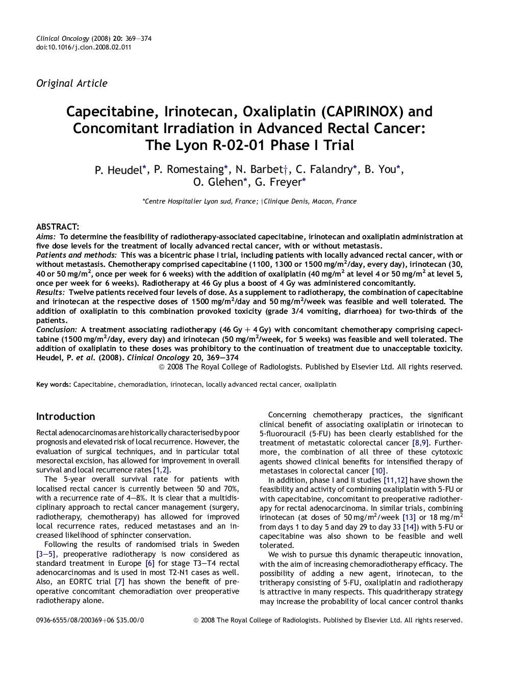 Capecitabine, Irinotecan, Oxaliplatin (CAPIRINOX) and Concomitant Irradiation in Advanced Rectal Cancer: The Lyon R-02-01 Phase I Trial
