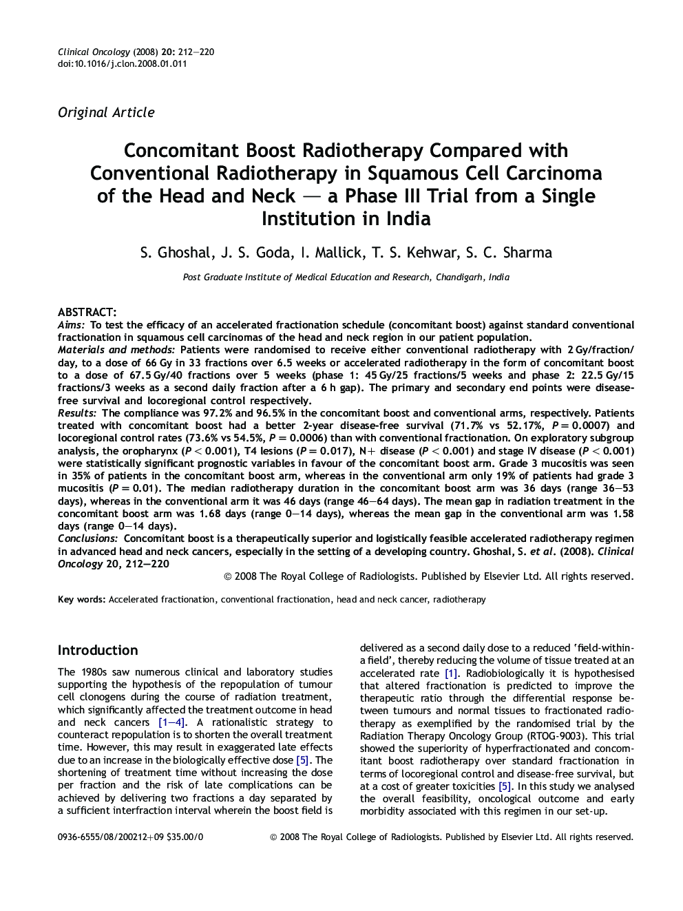 Concomitant Boost Radiotherapy Compared with Conventional Radiotherapy in Squamous Cell Carcinoma of the Head and Neck - a Phase III Trial from a Single Institution in India