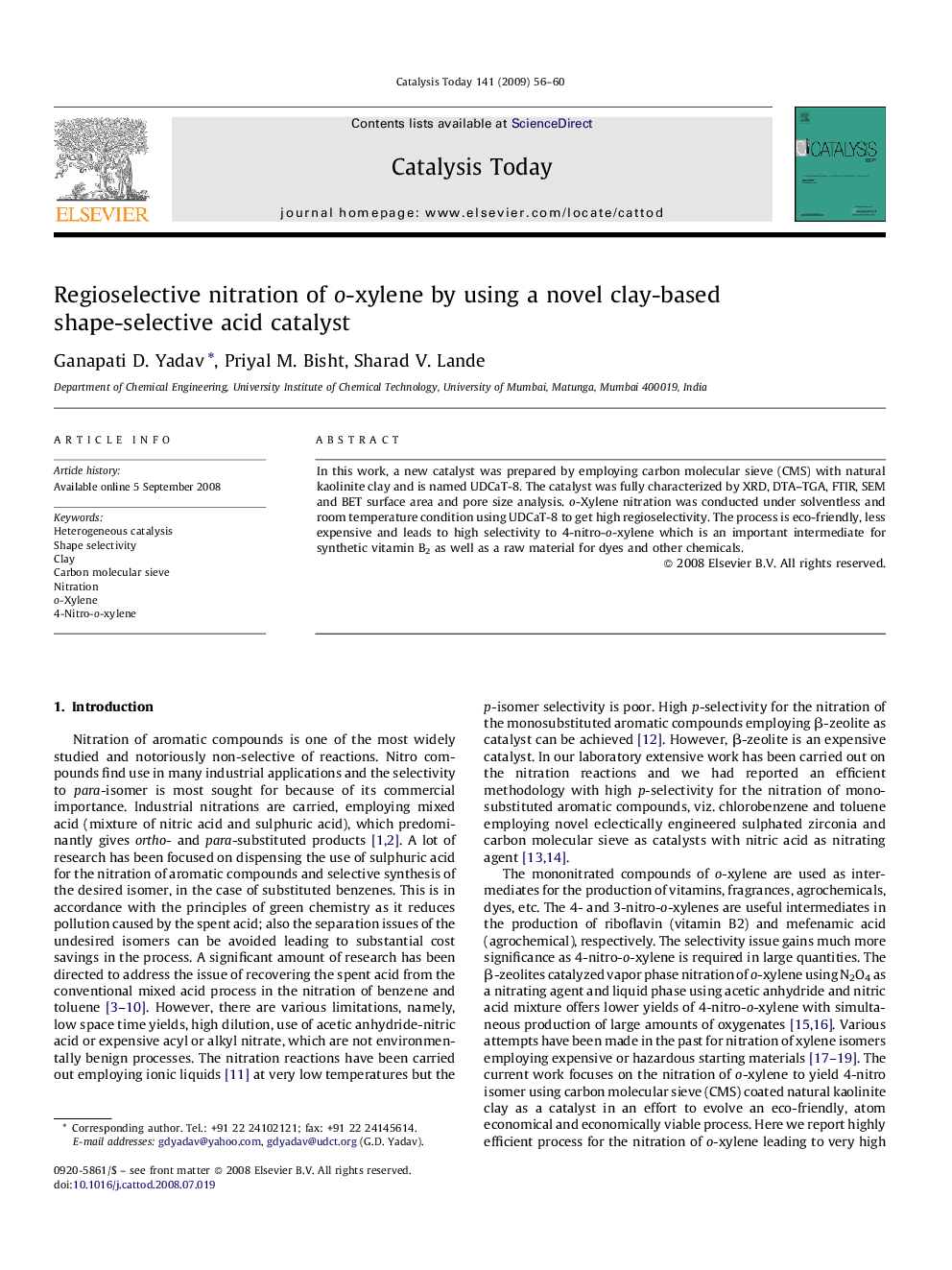 Regioselective nitration of o-xylene by using a novel clay-based shape-selective acid catalyst