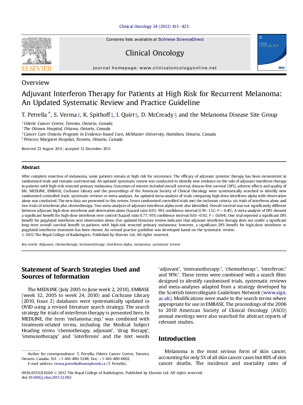 Adjuvant Interferon Therapy for Patients at High Risk for Recurrent Melanoma: An Updated Systematic Review and Practice Guideline