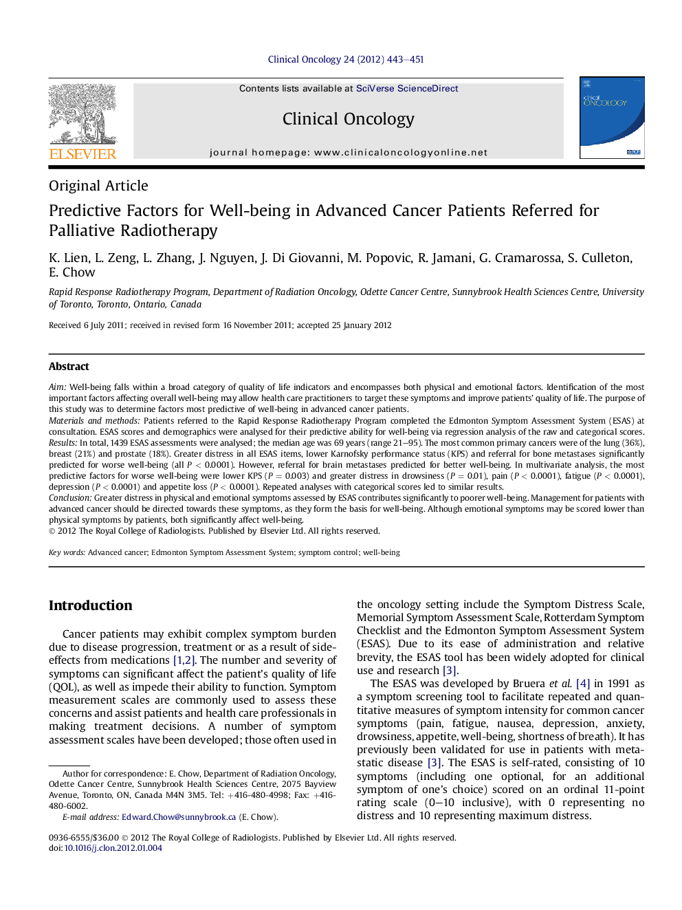 Predictive Factors for Well-being in Advanced Cancer Patients Referred for Palliative Radiotherapy