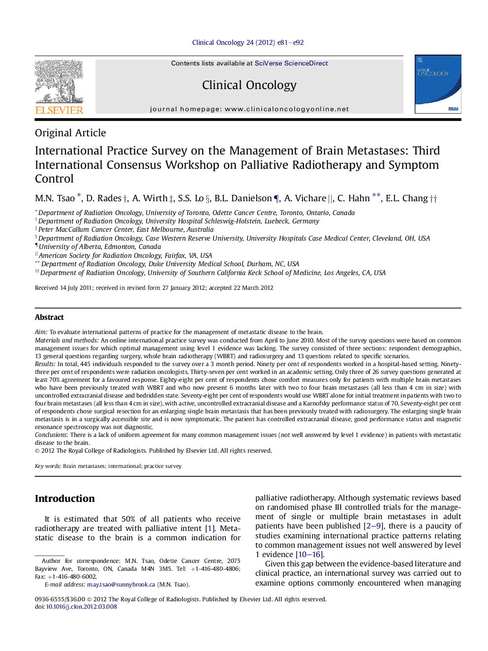 International Practice Survey on the Management of Brain Metastases: Third International Consensus Workshop on Palliative Radiotherapy and Symptom Control