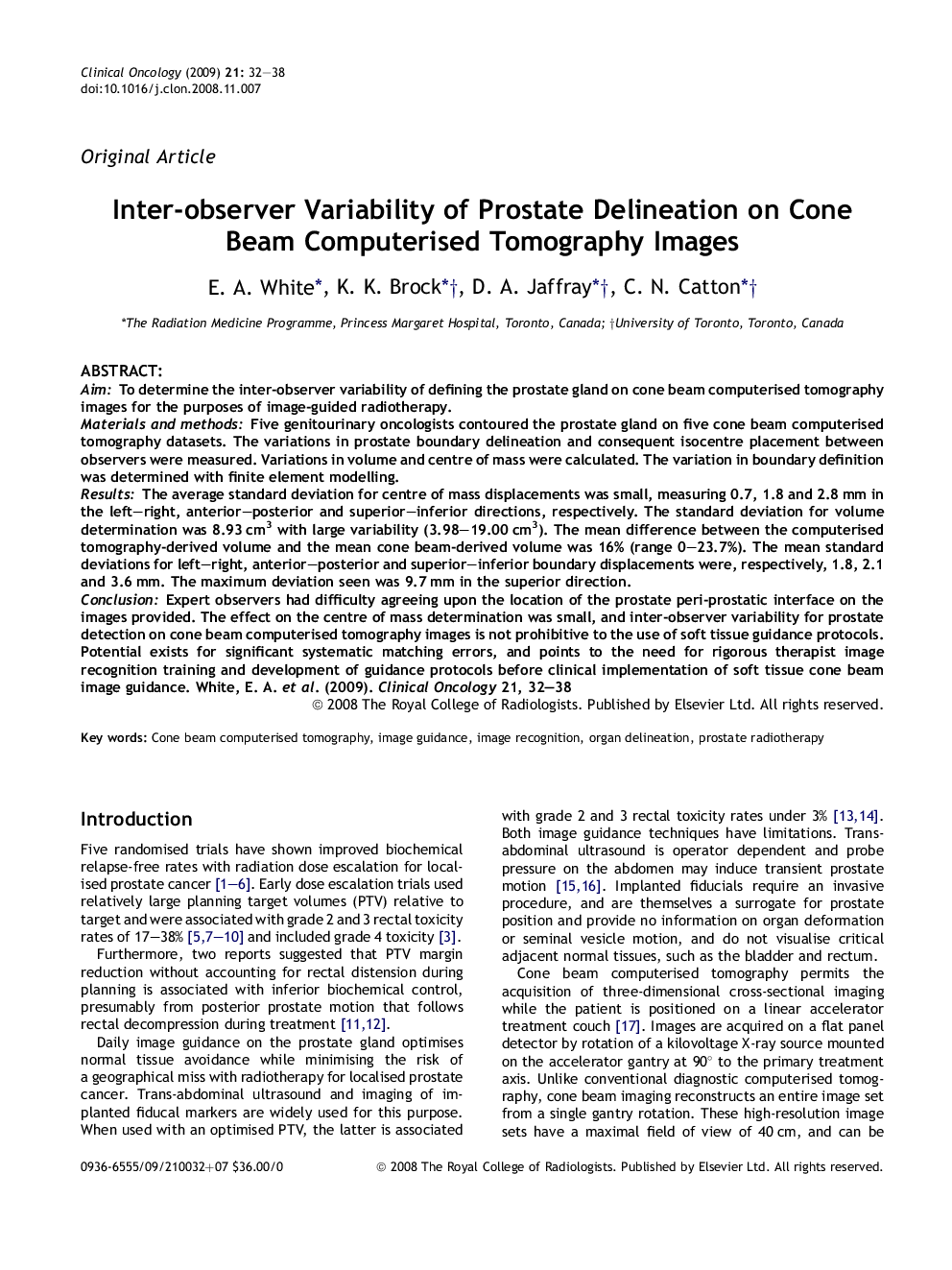 Inter-observer Variability of Prostate Delineation on Cone Beam Computerised Tomography Images