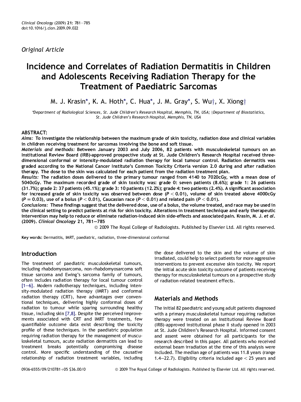 Incidence and Correlates of Radiation Dermatitis in Children and Adolescents Receiving Radiation Therapy for the Treatment of Paediatric Sarcomas