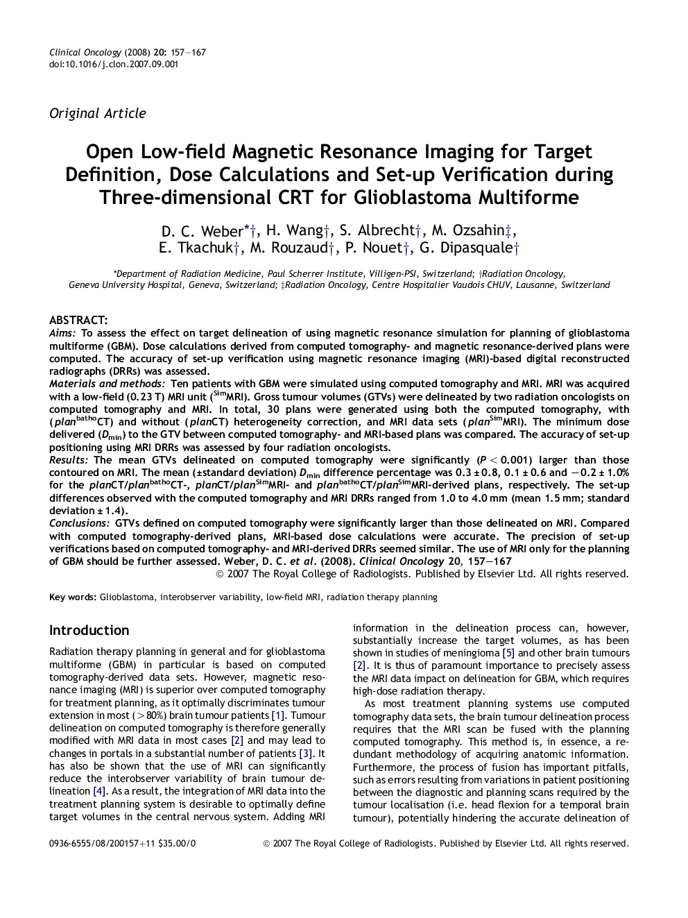 Open Low-field Magnetic Resonance Imaging for Target Definition, Dose Calculations and Set-up Verification during Three-dimensional CRT for Glioblastoma Multiforme