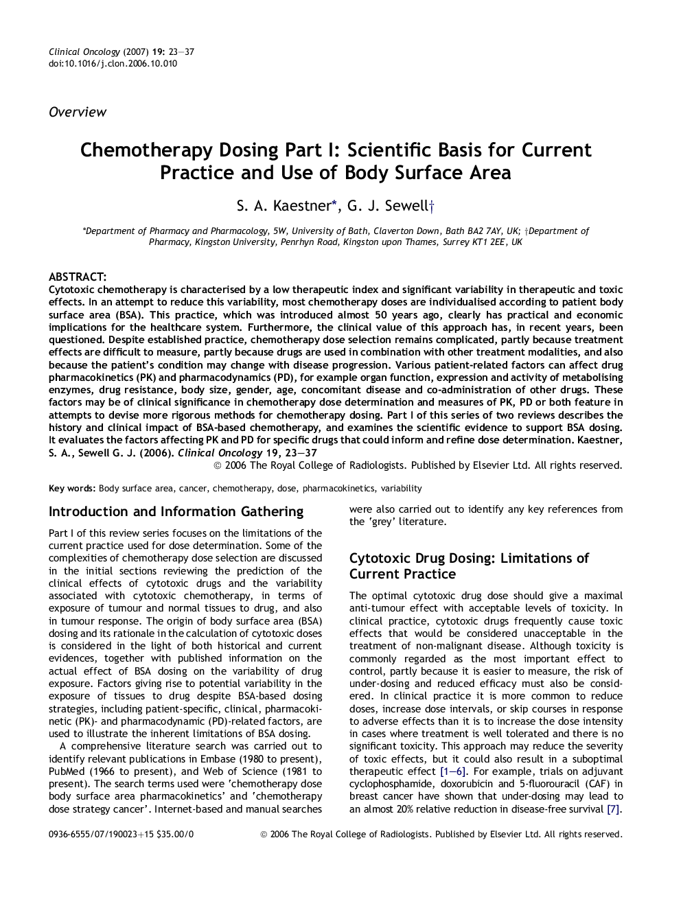 Chemotherapy Dosing Part I: Scientific Basis for Current Practice and Use of Body Surface Area