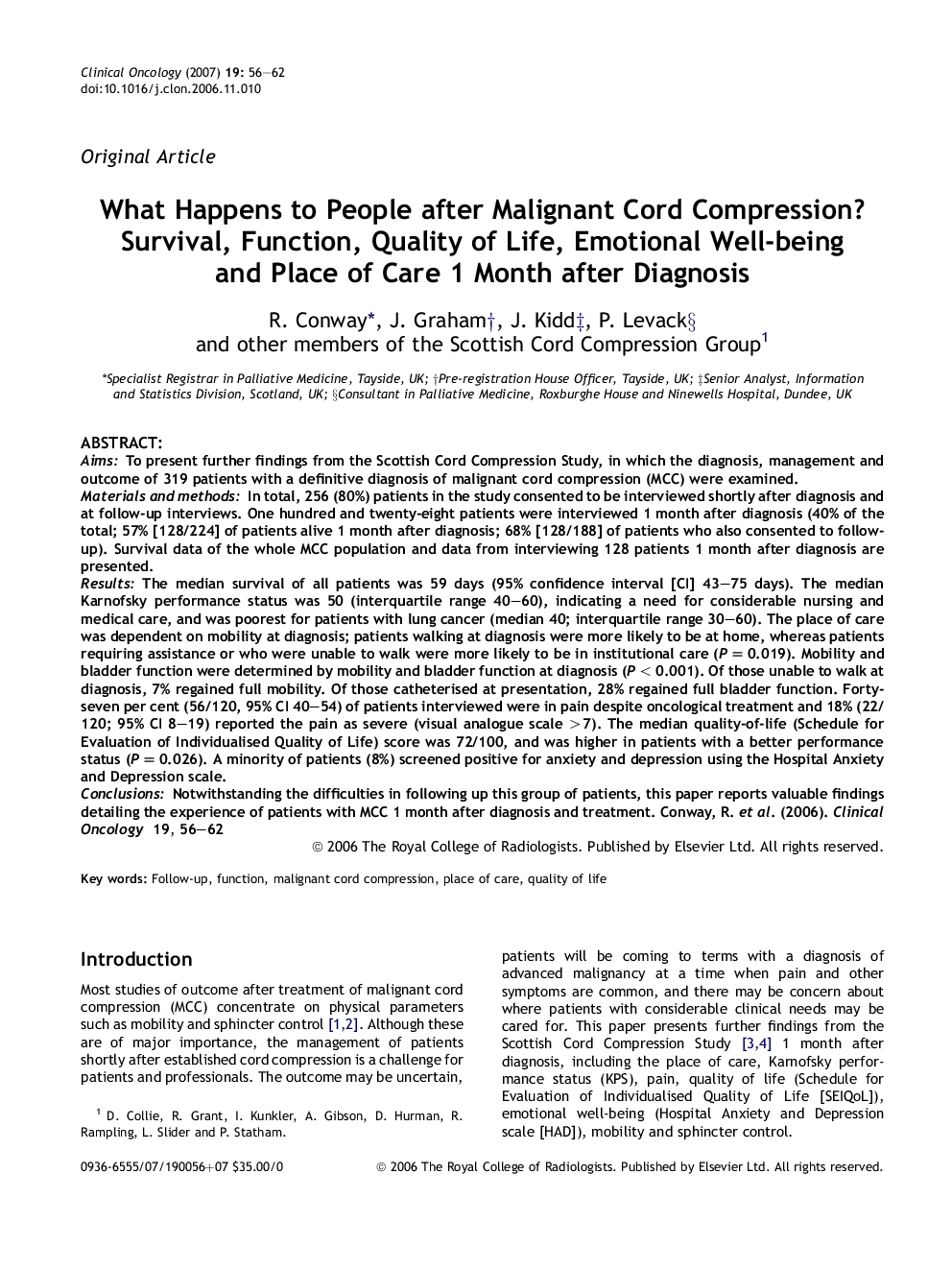 What Happens to People after Malignant Cord Compression? Survival, Function, Quality of Life, Emotional Well-being and Place of Care 1 Month after Diagnosis