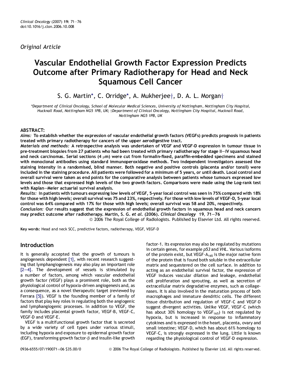 Vascular Endothelial Growth Factor Expression Predicts Outcome after Primary Radiotherapy for Head and Neck Squamous Cell Cancer